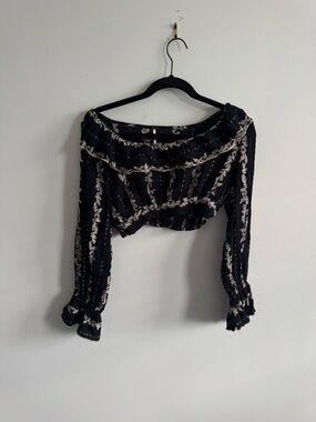 Blue Crop Top with Cream Floral Jacquard